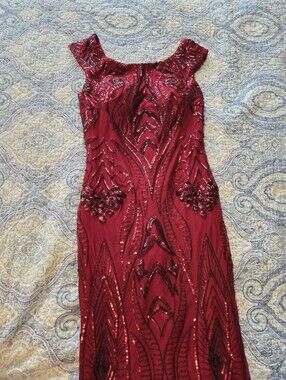 Angel Fashions Sequin Bateau Cap Sleeve V-Back Evening Maxi Dress Medium Prom